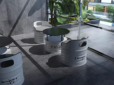 White Barrel Shaped Design Lounge Chairs With Outdoor Patio Table Setup 3d model