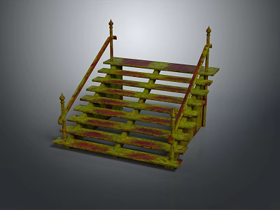 Vintage Wooden Staircase With Decorative Handrails And Yellow Red Paint 3d model