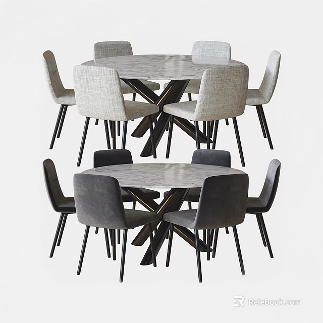 Modern Dining Table Set With Marble Top And Light Dark Upholstered Chairs 3d model
