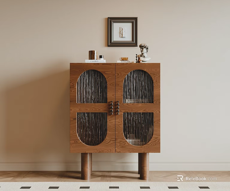 Modern Entryway Side Cabinet Wooden Storage With Grid Door Design And Decorative Items 3d model 