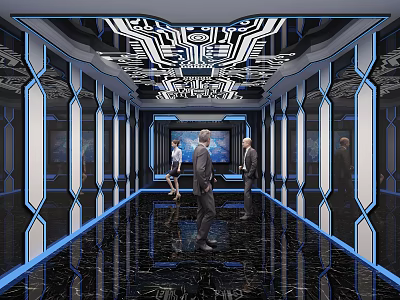 Modern Hotel Corridor With Geometric Ceiling Blue Wall Lines Shiny Black Marble Floor And People 3d model