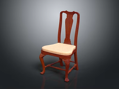 Classic Mahogany Wooden Chair With Carved Backrest Beige Upholstered Seat And Curved Legs 3d model