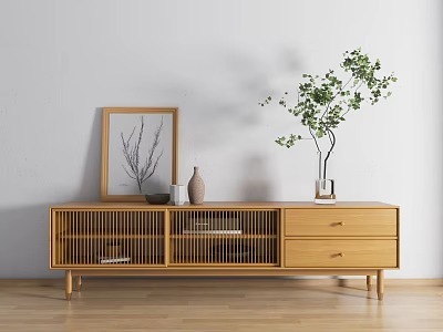 Wooden Minimalist TV Stand With Decorative Photo Frame And Plant Vase In Living Room 3d model
