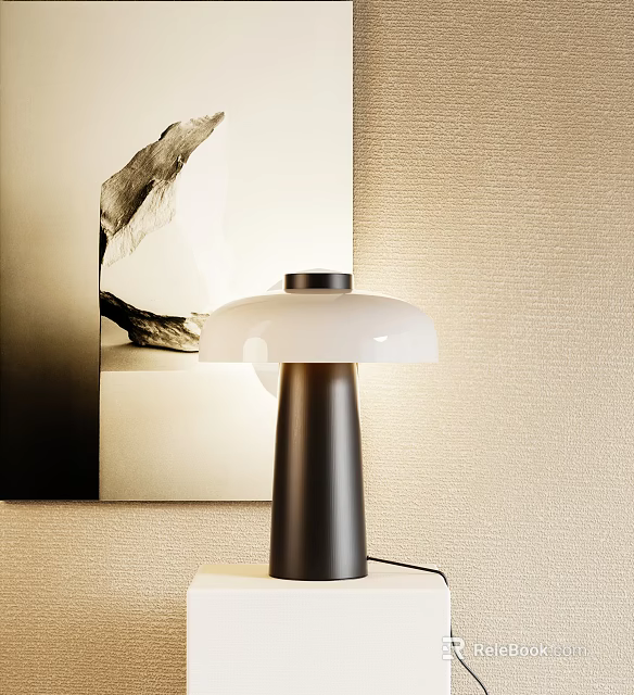 Modern Minimalist Table Lamp on Desk with Abstract Painting against Beige Wall 3d model 