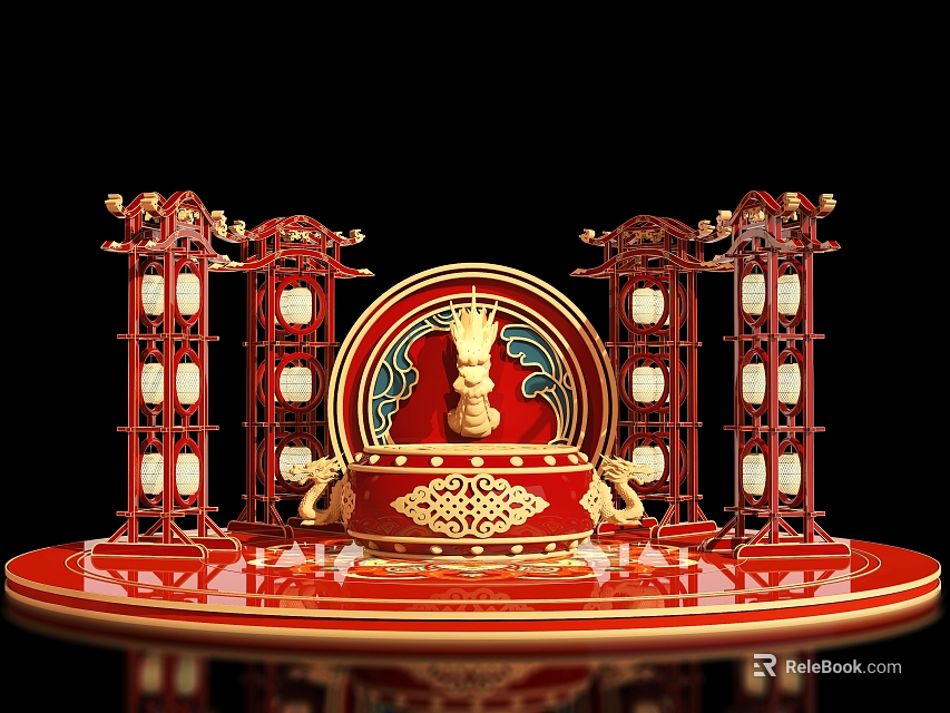 Traditional Red Stage with Golden Dragon Sculpture and Lantern Structures Circular Design and Ornate Decorations 3d model 