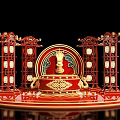 Traditional Red Stage with Golden Dragon Sculpture and Lantern Structures Circular Design and Ornate Decorations