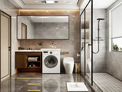 Modern Bathroom Interior With Large Mirror Washing Machine Toilet And Glass Shower Partition 3d model