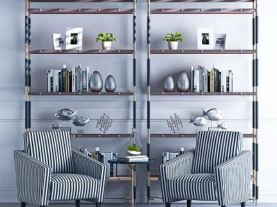 Stylish Leisure Sofa Combination With Striped Chairs Decorative Shelves Adorned With Plants And Books 3d model