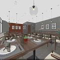 Modern Restaurant Interior With Wooden Dining Tables White Plates Pendant Lights And Decorative Paintings