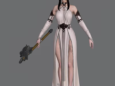 Game Movie Character In White Robe With Long Sleeves Holding Black Belt Staff Fantasy Style 3d model