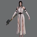Game Movie Character In White Robe With Long Sleeves Holding Black Belt Staff Fantasy Style