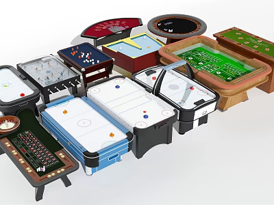 Various Tabletop Amusement Equipment Including Air Hockey Tables And Game Tables With Different Designs 3d model