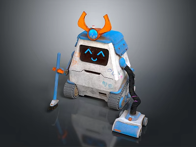 Cute Blue And White Robot With Orange Horns Holding Mop And Vacuum Cleaning Tools 3d model