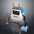 Cute Blue And White Robot With Orange Horns Holding Mop And Vacuum Cleaning Tools