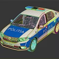 Police Function Car With POLITIA Logo Red Blue Lights White Blue Body Yellow Stripes