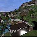 Aerial View Planning of Hillside Resort with Buildings Pools Greenery and Evening Lighting