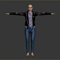 Bald Man in Black Leather Jacket Plaid Shirt Blue Jeans Barefoot Arms Outstretched Dark Background