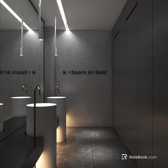 Sleek Minimalist Public Bathroom Interior Design With Freestanding Sinks In M Esports Art Hotel 3d model 