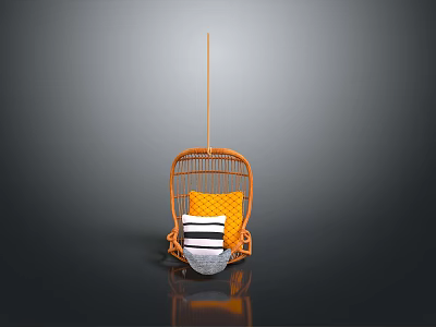 Orange Rattan Hanging Chair With Yellow And Black White Striped Cushions 3d model