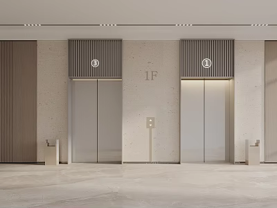 Modern Elevator Lobby With Glass Doors 1F Signage And Wooden Stone Accents 3d model