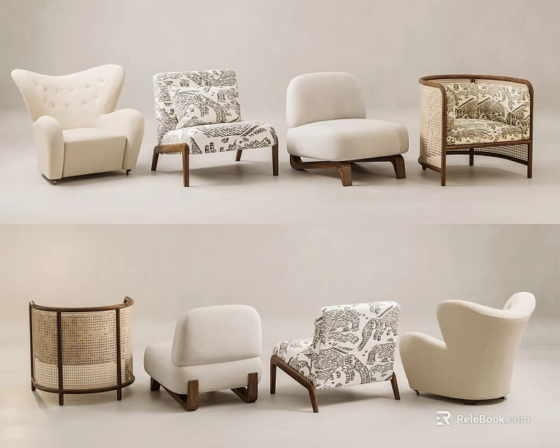 Modern Upholstered Accent Chairs with Wooden Legs Patterned and Solid Color Designs 3d model