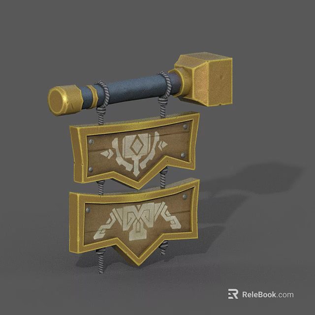 Decorative Ornament Set Featuring Golden Hammer And Double Shield With Intricate Patterns 3d model 