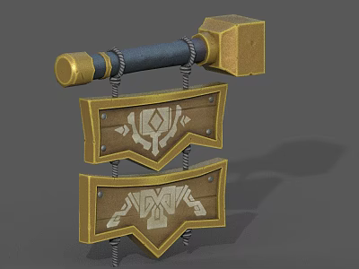 Decorative Ornament Set Featuring Golden Hammer And Double Shield With Intricate Patterns 3d model