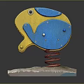 Colorful Fish Shaped Playground Equipment with Yellow Blue Body and Red Spring On Concrete Base