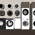 Various Front Loading Washing Machines In White And Brown Colors Arranged In A Row