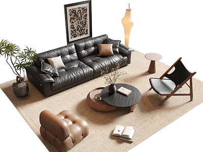 Modern Black Leather Sofa and Round Coffee Table Set in Living Room Interior 3d model