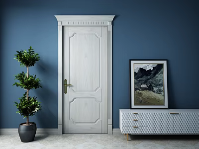 Interior White Paneled Swing Door With Blue Wall Green Plant And Mountain Painting 3d model