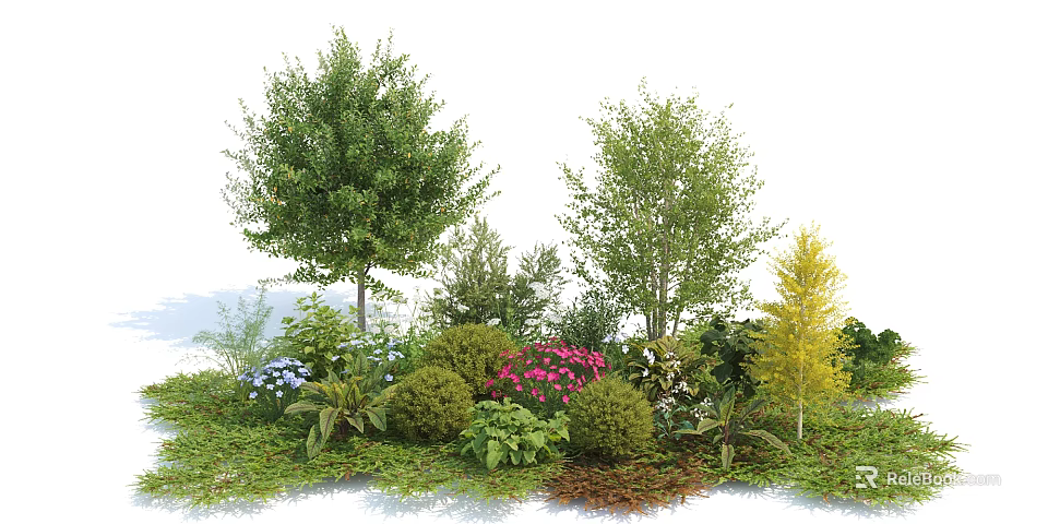 Low Growing Shrubs in Lush Garden with Pink Blue Flowers Green Grass and Tall Trees 3d model 
