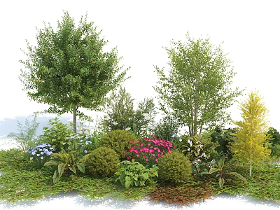 Low Growing Shrubs in Lush Garden with Pink Blue Flowers Green Grass and Tall Trees 3d model