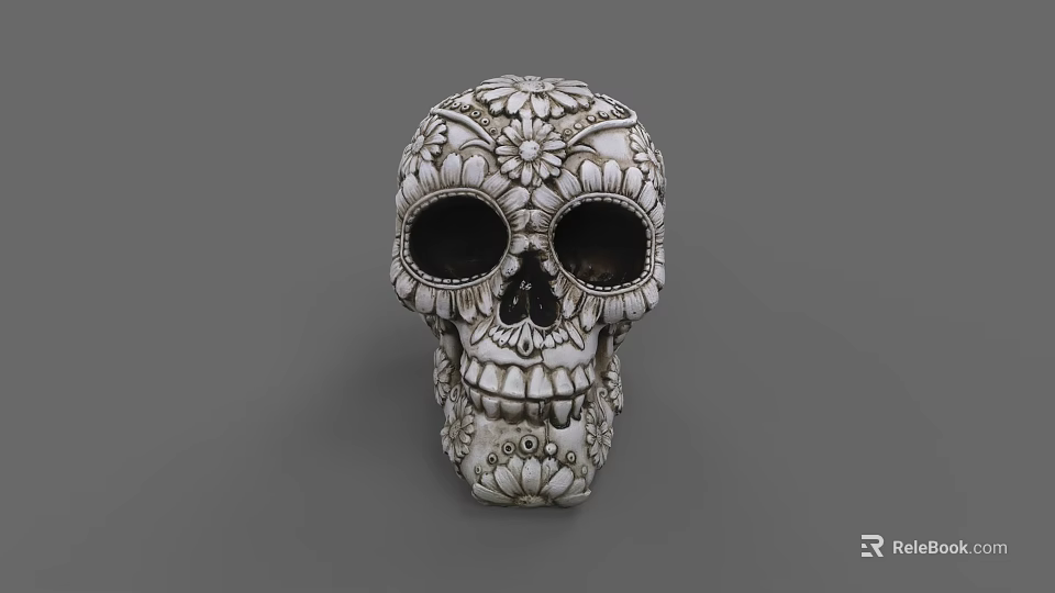 Intricate Skull Sculpture Carving With Detailed Floral Patterns And Decorative Design 3d model 