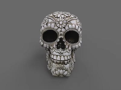 Intricate Skull Sculpture Carving With Detailed Floral Patterns And Decorative Design 3d model