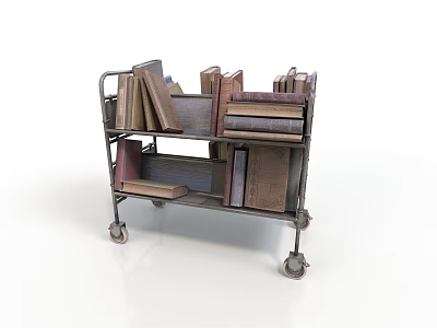 Vintage Metal Book Cart With Stacked Books On Multi Layer Shelves And Wheels 3d model