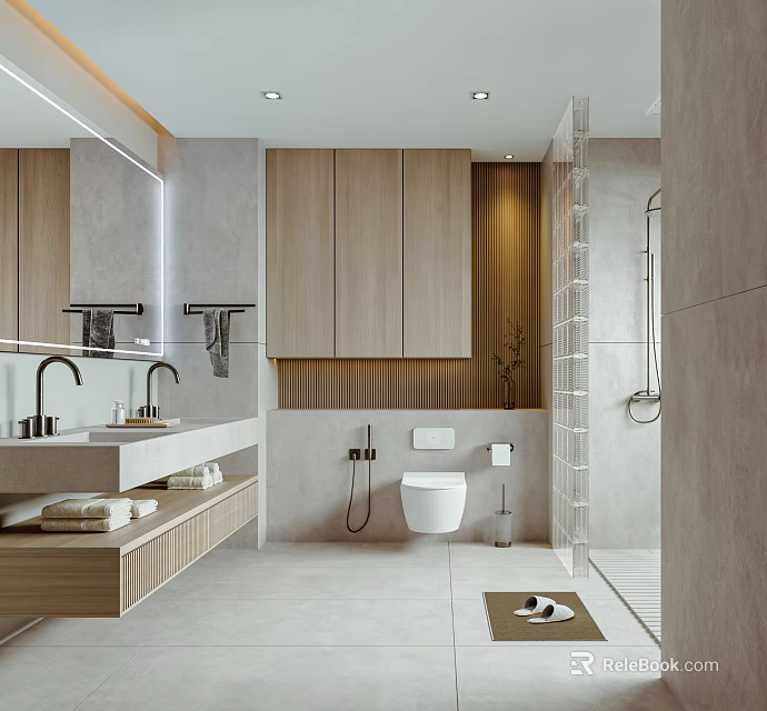 Modern Bathroom Interior Design With Vanity Cabinets Toilet And Shower 3d model 