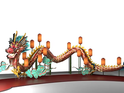 Chinese Style Dragon Sculpture Photo Check-in Spot with Red Green Lanterns and Auspicious Cloud Decorations 3d model