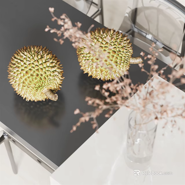 Fresh Durian Fruits Placed On Table With Dried Flowers In Glass Vase 3d model 