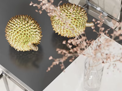 Fresh Durian Fruits Placed On Table With Dried Flowers In Glass Vase 3d model