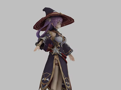 Fantasy Game Anime Character With Purple Long Hair Wide Brimmed Witch Hat And Decorative Outfit 3d model