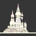 White Castle Model With Red Domes Towers Blue Water And Rocky Base