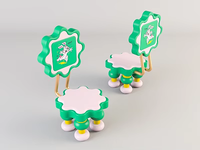 Cute Children's Chairs With Green Frame White Seat Colorful Legs And Cartoon Patterns 3d model