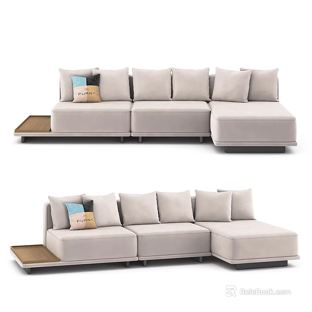 Light Beige L shaped Sectional Sofa With Multiple Cushions And Side Tray Table 3d model
