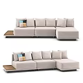 Light Beige L shaped Sectional Sofa With Multiple Cushions And Side Tray Table 3d model