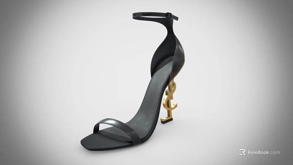Black Leather High Heels With Ankle Strap And Gold Brand Logo Heel Design 3d model 