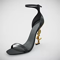 Black Leather High Heels With Ankle Strap And Gold Brand Logo Heel Design