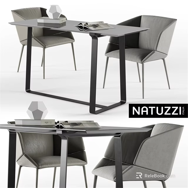 Modern Natuzzi Dining Table And Gray Chairs With Glass Top And Metal Frame 3d model 