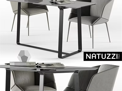Modern Natuzzi Dining Table And Gray Chairs With Glass Top And Metal Frame 3d model