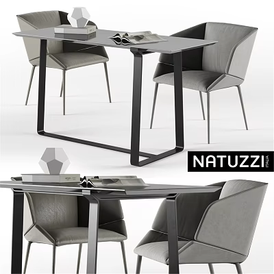 Modern Natuzzi Dining Table And Gray Chairs With Glass Top And Metal Frame 3d model